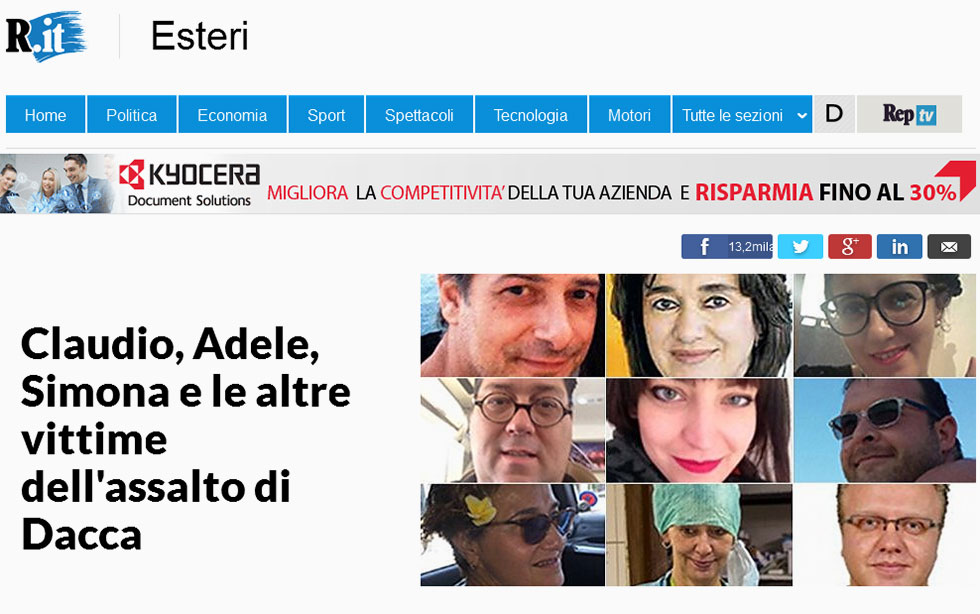 "קלאודו, אדל, סימונה ושאר הקורבנות בפיגוע בדאקה". אבל ב"לה-רפובליקה" האיטלקי, הבוקר (צילום: EPA) (צילום: EPA)