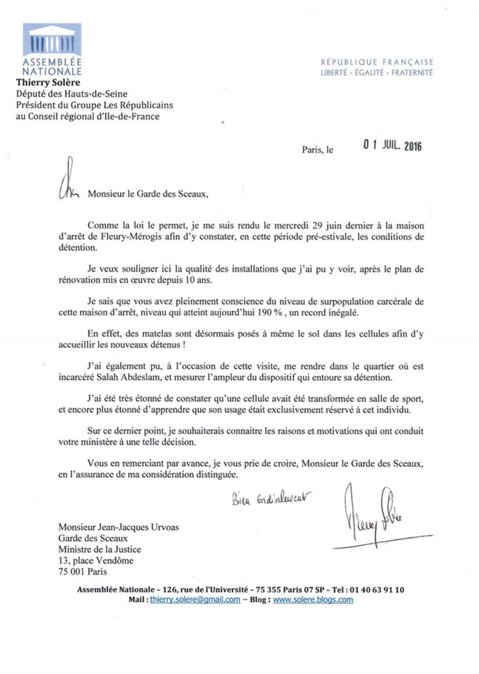 מכתב תלונה של חבר הפרלמנט הצרפתי על תנאי הכליאה של המחבל מפריז ()