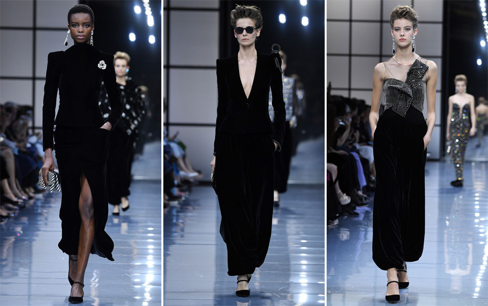 ארמאני פריווה: התצוגה הדרמטית של המעצב האיטלקי התבססה על בדי קטיפה שחורים, שמהם נוצרו שמלות ערב אלגנטיות (צילום: Gettyimages)
