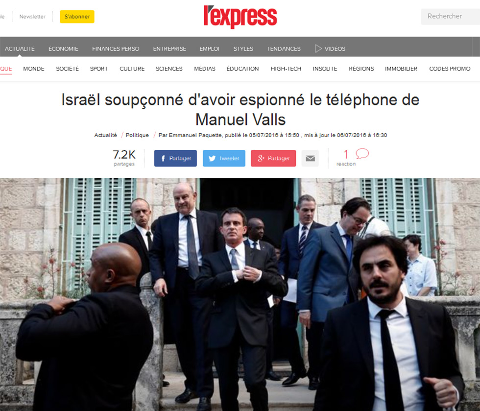 L'Express report about French delegation to Israel having phones tampered with by Israel