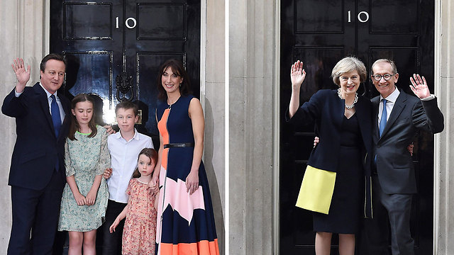 זה שהלך וזו שנשארה. משפחת קמרון בדאונינג 10 (משמאל) עם מחליפיהם במעון ראש ממשלת בריטניה תרזה ופיליפ מיי (צילום: EPA) (צילום: EPA)