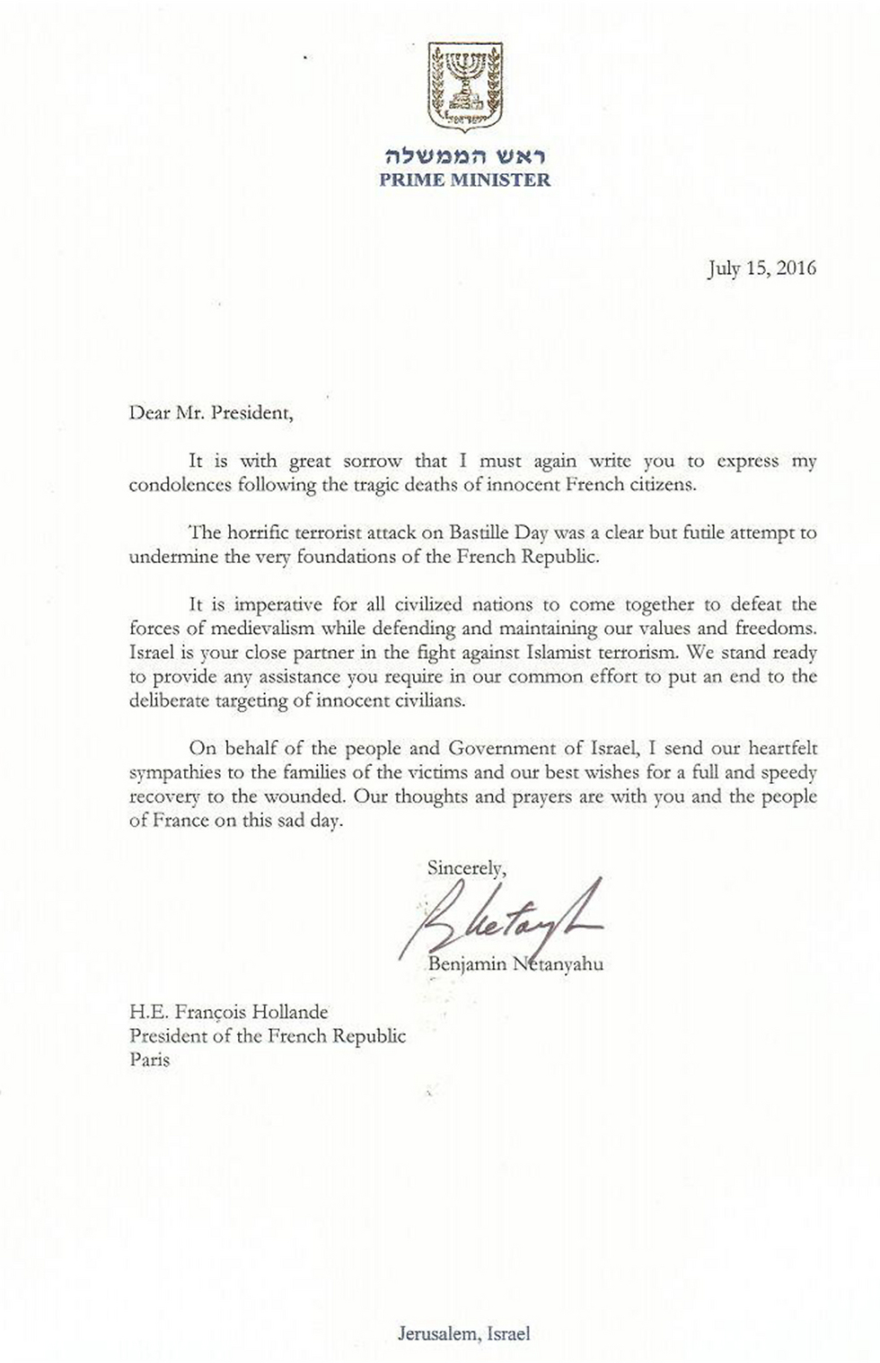Netanyahu's letter of condolence to French PM Hollande