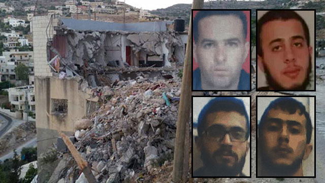 From top left, clockwise: Mohammad Amaira, Mohammed Fakih, Muaz Fakih, Sahib Fakih. Background: The house where terrorist Mohammed Fakih barricaded himself.