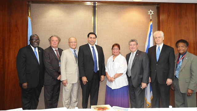 Danon (fourth from left) with several UN ambassadors visiting Israel