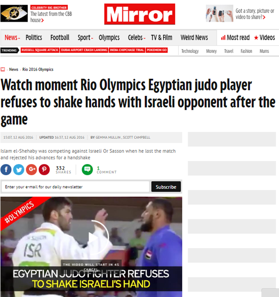 "צפו ברגע שבו הג'ודאי המצרי מסרב ללחוץ יד ליריבו הישראלי". הצהובון הבריטי "מירור" ()