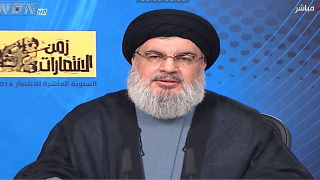 Hassan Nasrallah speaking from his bunker during a speech marking 10 years since the Second Lebanon War