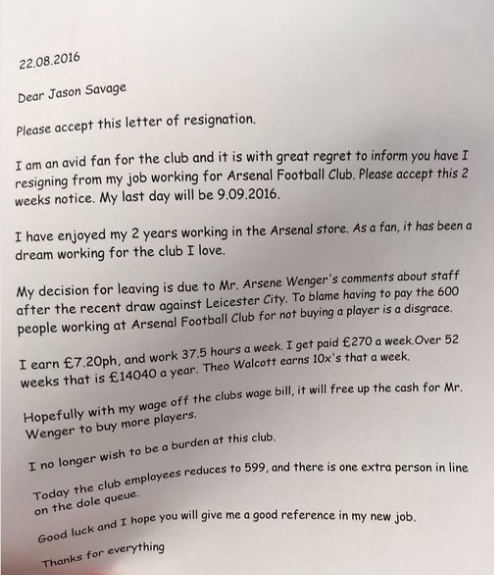מכתב ההתפטרות ששלח עקיצה לארסן ונגר (צילום מסך)