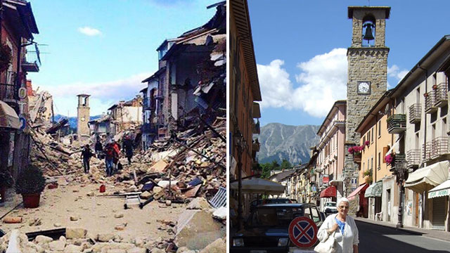 אותו רחוב באמטריצ'ה, לפני ואחרי. העיירה נחרבה כמעט לגמרי ()