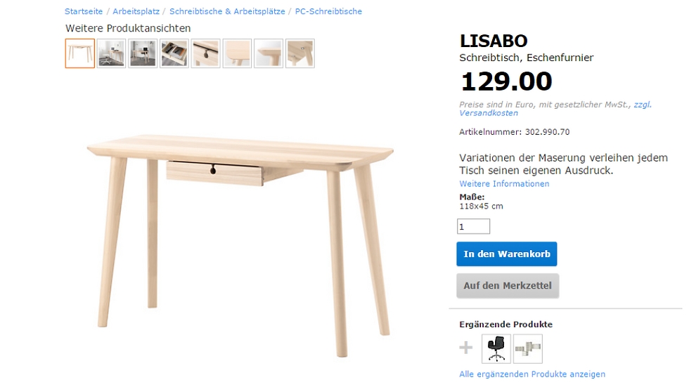 שולחן כתיבה LISBADO. מחיר בגרמניה: 547 שקל (129 אירו), מול 895 שקל בישראל ()