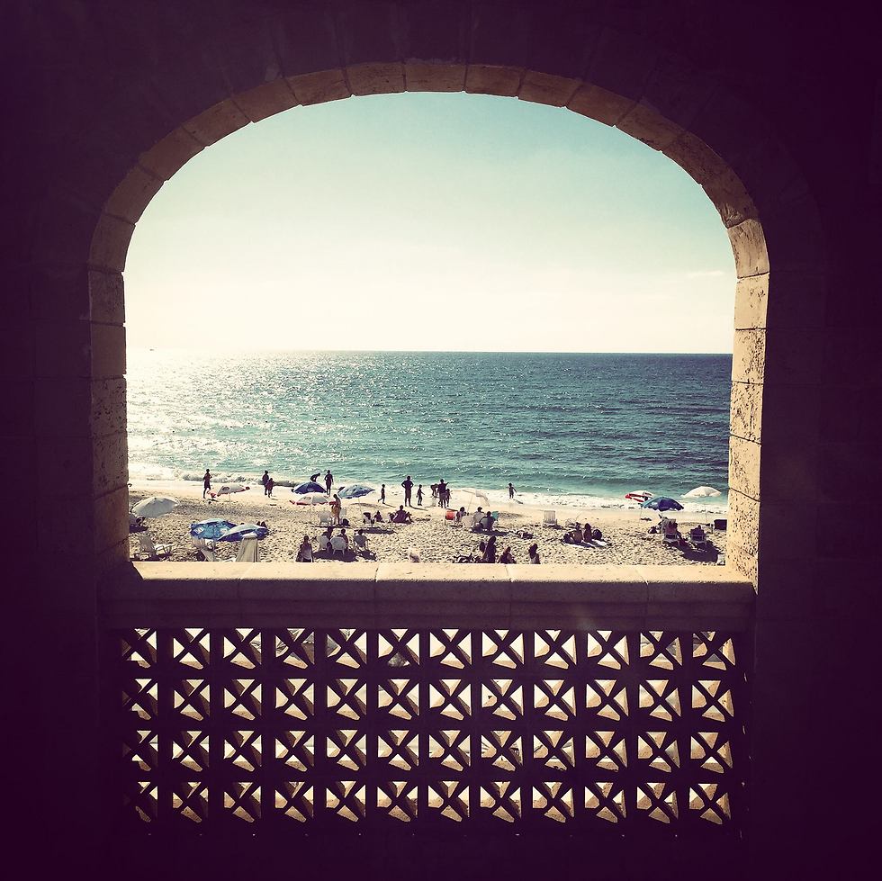 הנוף הנשקף בחוף גבעת העליה ביפו מבעד לחלון קשתי עם משרבייה, אלמנטים מקומיים טיפוסיים (צילום: עידו בירן) (צילום: עידו בירן)