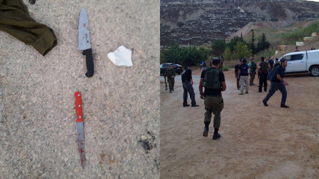 The knives used by the attack, and the scene of the attack (Photos: TPS, Efrat Council)