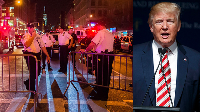 טראמפ: "אני אכנס בטרוריסטים". משמאל: זירת הפיצוץ בניו יורק אתמול (צילום: AP)