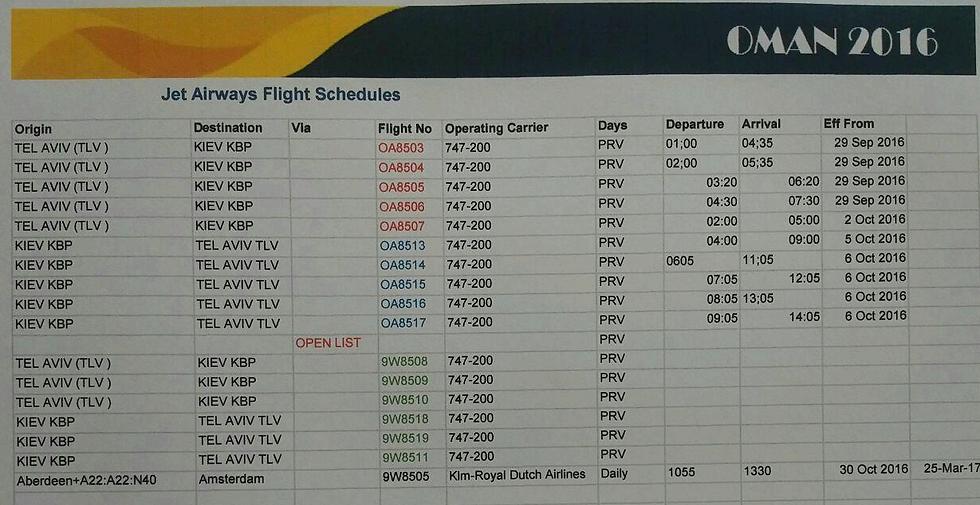 לוח הטיסות שהגיע לידי אחד המזמינים. מספרי טיסה לא קיימים, מטוס לא בשירות, שעות טיסה בזמן עוצר ההמראות בנתב"ג והקודים של חברות התעופה מיוון והודו ()