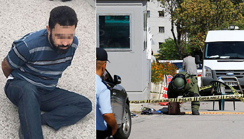 The attacker after his arrest (Right); Turkish police inspecting a suspicious bag next to the Israeli Embassy (Left) (Photo: Reuters)