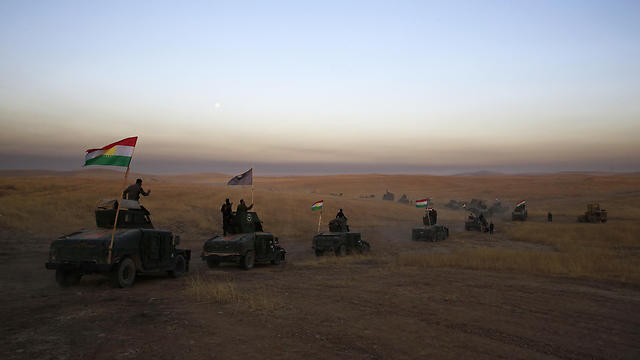 לוחמים כורדים בדרך למוסול, היום (צילום: AP) (צילום: AP)