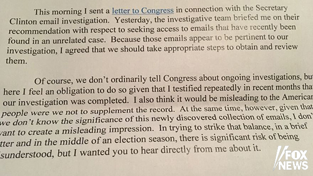 Copy of letter sent by Comey. (Photo: Fox News) (Photo: Fox News)
