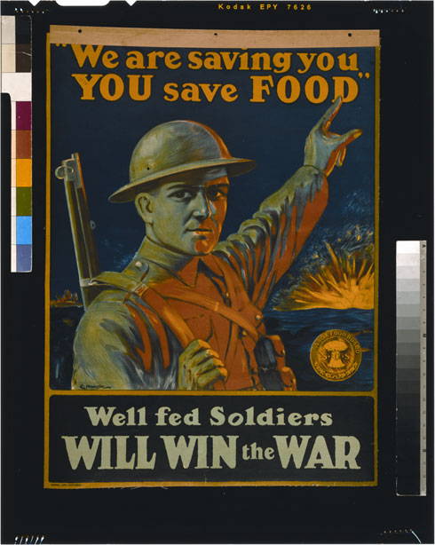 כרזה ממלחמת העולם הראשונה. האזרחים התבקשו לוותר על יום אחד של אכילת בשר כדי שיהיה יותר מלאי להפנות לכוחות הצבא (צילום: Library of Congress, Prints & Photographs Division, WWI Poster)