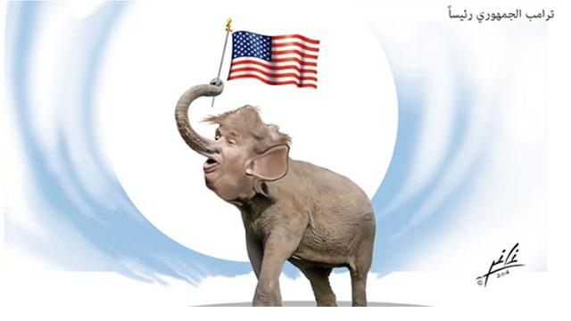 הפיל הרפובליקני ניצח. קריקטורה מהעיתון הלבנוני "אל-ג'ומוהריה" ()