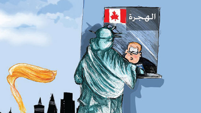 Caricature from Al-Rad: Lady Liberty immigrating to Canada