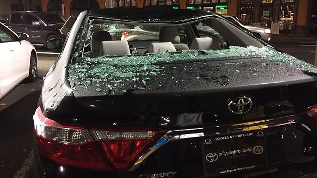 Vehicle destroyed by left-wing protestors opposed to Trump