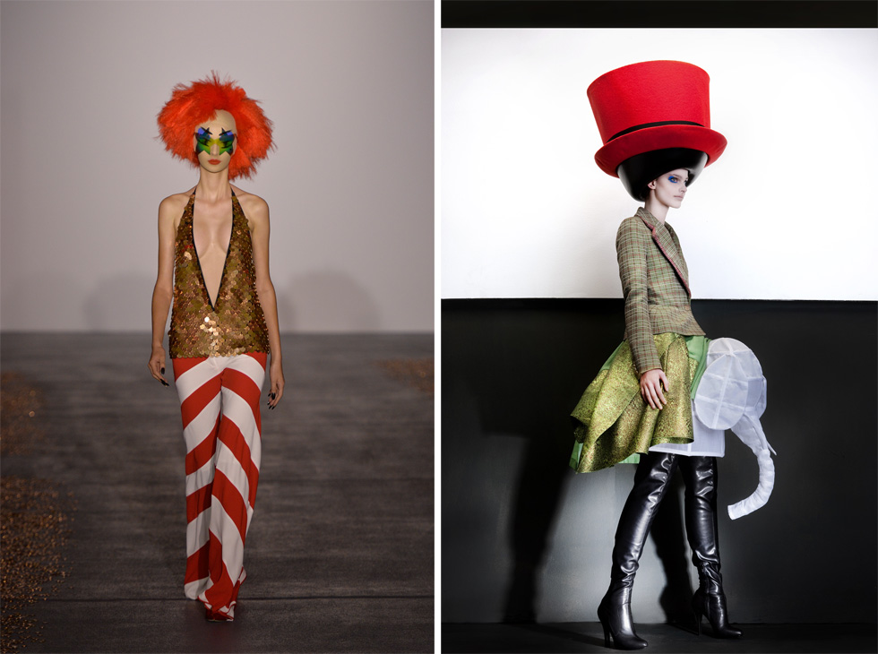 מימין: Walter Van Beirendonck, Hat: Stephen Jones, Autumn/Winter 2010– 2011, © Ronald Stoops. משמאל: Gareth Pugh, Spring/Summer 2016, Ready-to-wear, Courtesy Gareth Pugh 