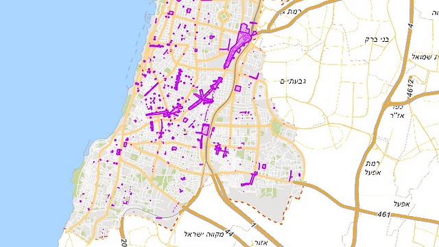 צבוע בסגול. עבודות תשתית בתל-אביב. מתוך אתר govmap, בפיתוח טלדור (צילום מסך) (צילום מסך)