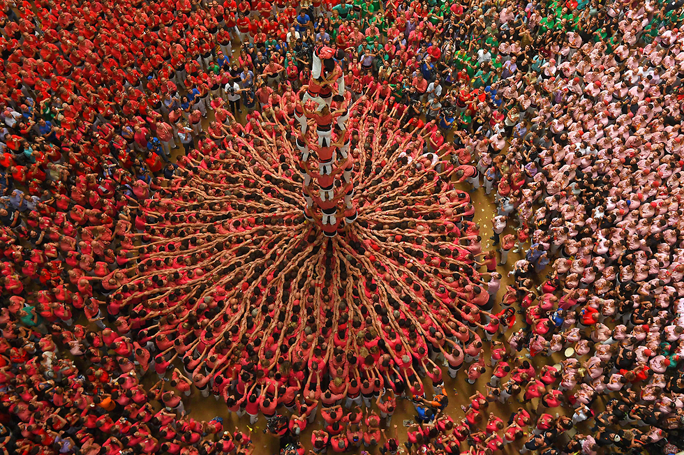 בונים מגדל אנושי ענקי בפסטיבל בקטלוניה, ספרד (צילום: AFP) (צילום: AFP)