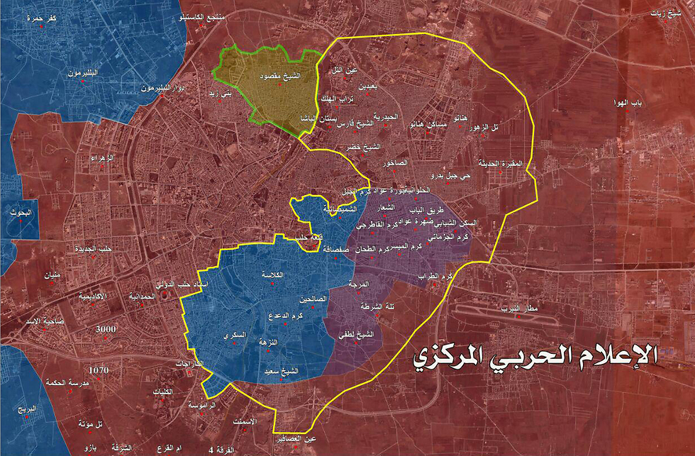 מפת חלב. באדום: אזורים בשליטת אסד. בסגול: ההתקדמות האחרונה. בכחול: שטחי המורדים. בירוק: שטחי כוחות כורדיים שנאמנים לצבא הסורי ()
