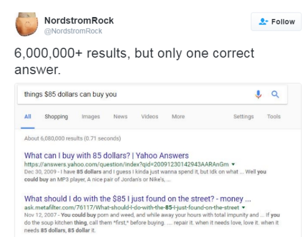 האבן הפכה לבדיחת טוויטר. "מה אפשר לקנות ב-85 דולר: 6 מיליון תוצאות חיפוש, אבל רק אחת נכונה" (צילום מסך) (צילום מסך)