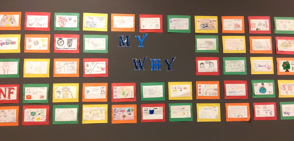  קיר ה-"My Why" ובו מאות גלויות שהכינו תלמידי בית הספר עם סיפורי המוטיבציה האישיים שלהם, שגרמו להם לבחור להשקיע בלימודים (צילום: רועי ציקורל)