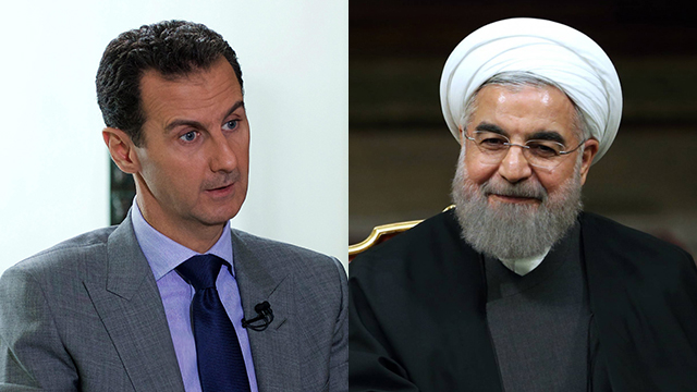 Syrian President Assad (L) and Iranian President Rouhani. A combined effort might force the Iranians to give up their aspirations without dragging us to an all-out war  (Photos: AP, EPA)