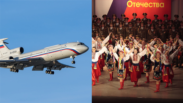 Red Army Choir visits Israel in 2014 (R) Tu-154 aircraft (L) (Photo: Shutterstock and Alexandrov Choir)