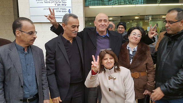 Joint List MKs Jamal Zahalka (Center Left), Basel Ghattas (Center) and Hanin Zoabi (Center Right) upon Ghattas' release