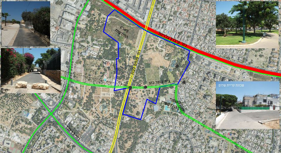 תצלום אוויר של האזור. המתחם מסומן בכחול, אך השכונה החדש תיבנה ממזרח לדרך פנחס לבון. החלק המערבי לא ישתנה