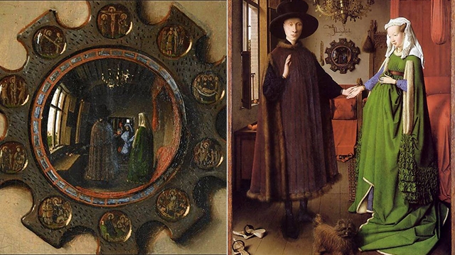 מימין: הציור כולו. משמאל: זום-אין על הראי בו משתקף האמן (Jan Van Eyck, The Betrothal of the Arnolfini, 1434  ) (Jan Van Eyck, The Betrothal of the Arnolfini, 1434  )
