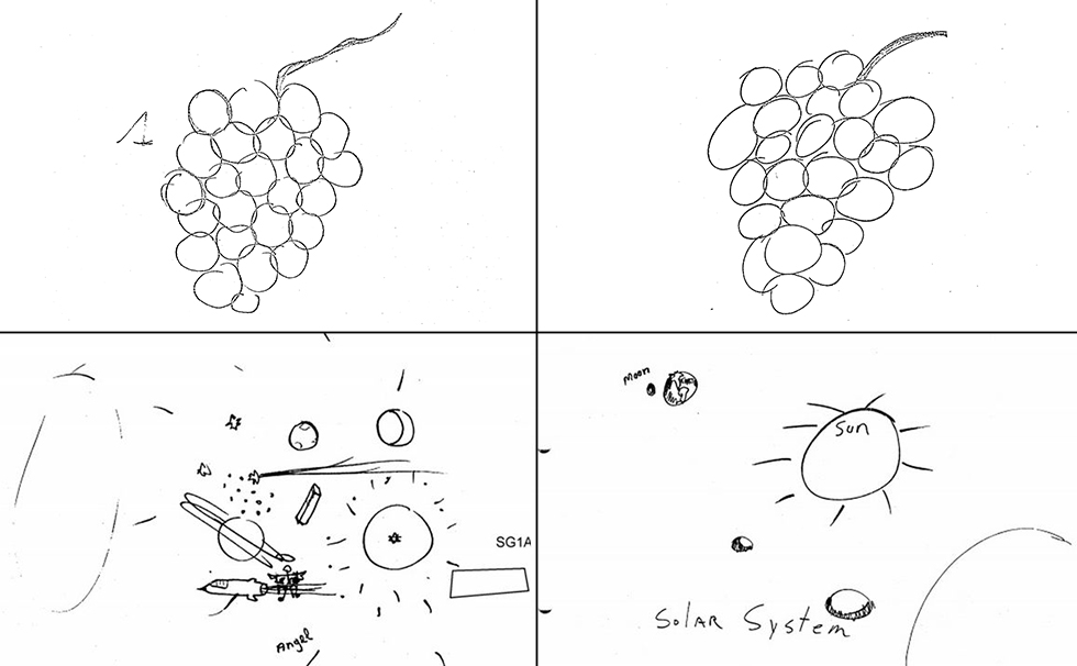 למעלה: אשכול ענבים של הבוחנים (משמאל) וניסיון מוצלח של גלר מימין. למטה: מערכת השמש של הבוחנים, והגרסה של גלר ()