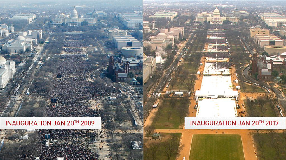 משמאל: 1.8 מיליון איש בהשבעת אובמה ב-2009. מימין: השבעת טראמפ אמש ()