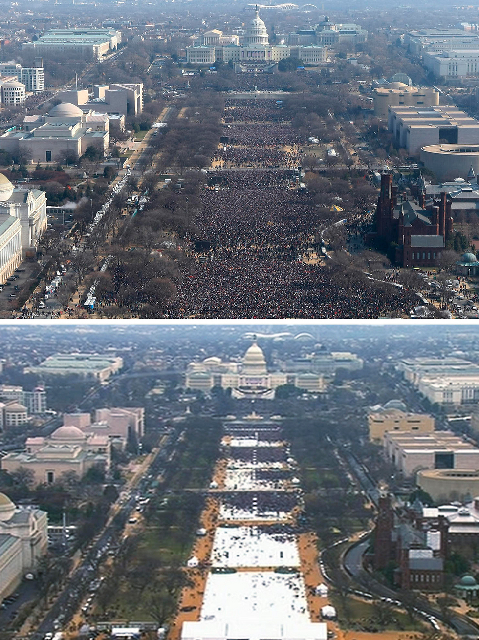 השבעה היסטורית - עם כמות קהל קטנה יחסית. למעלה: השבעת אובמה ב-2009. למטה: ההשבעה אתמול (צילום: AP) (צילום: AP)