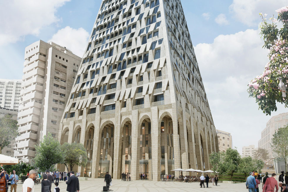 האדריכל דניאל ליבסקינד תכנן מגדל מצועצע ומעוטר, זר לאדריכלות הירושלמית, בצורניות מנוכרת לעיר (תכנון: Studio Libeskind)