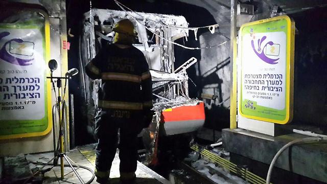One of the train cars to catch fire (Photo: Haifa Fire FIghting Unit)