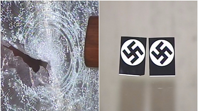 Stickers and shattered glass at Chicago Loop Synagogue (Photo: Network Video Productions) (Photo: Network Video Productions)