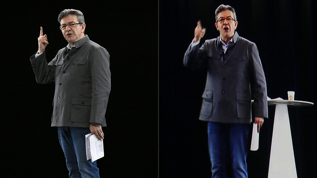 המועמד שהכפיל את עצמו. מימין: מלאנשון נואם בליון, משמאל: ההולוגרמה שלו בפריז (צילום: AFP) (צילום: AFP)