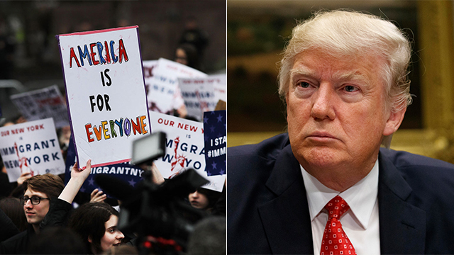 Дональд Трамп и митинг протеста против его указа. Фото: AP, AFP