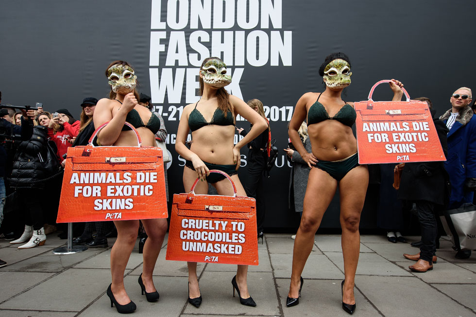 לא בוחלות בפרובוקציות. מפגינות של Peta מחוץ לתצוגות בשבוע האופנה בלונדון (צילום: Gettyimages)