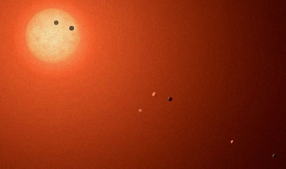 שמש אדמדמה וחלשה בהשוואה לשלנו, עם שבעה כוכבי לכת. למעלה: איור של המראה האפשרי מאחד מכוכבי הלכת  (הדמיה: ESO)