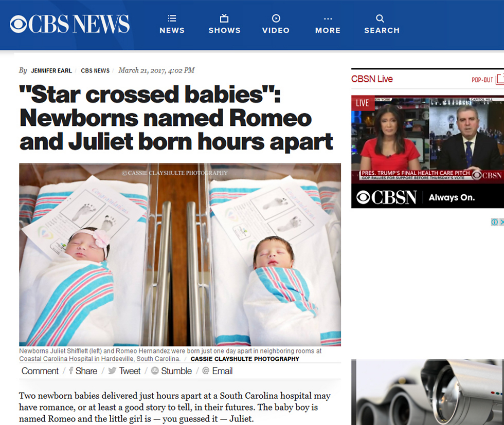הכתבה על התינוקות רומיאו ויוליה ברשת CBS ()