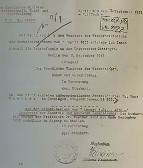 סוף עידן המתמטיקה בגטינגן. המכתב המורה על פיטוריה של נתר בספטמבר 1933 | מקור: הספריה הלאומית 