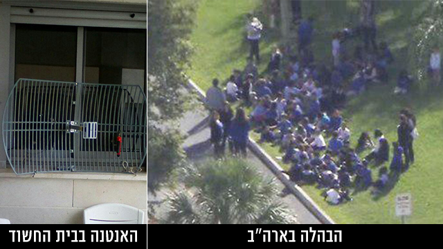 משמאל: אנטנה שהותקנה בביתו של ההאקר. ופינוי מוסד יהודי בשל התראת שווא ()