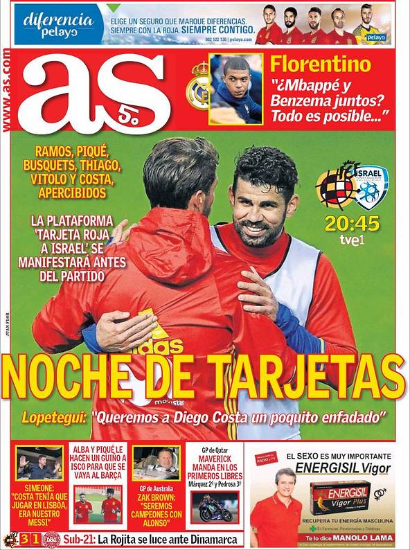 "ליל הכרטיסים". שער עיתון "אס" הספרדי, הבוקר (צילום מסך)