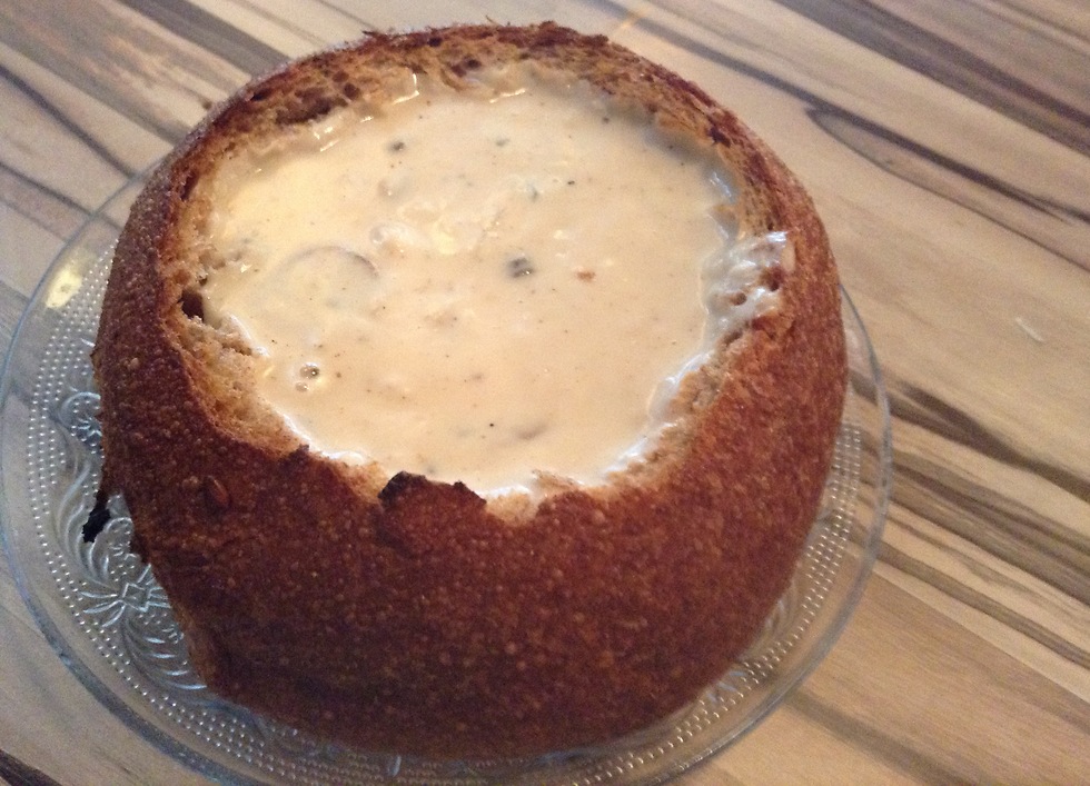 Alfreo's cream of mushroom soup in a whole grain bread bowl (Photo: Buzzy Gordon)